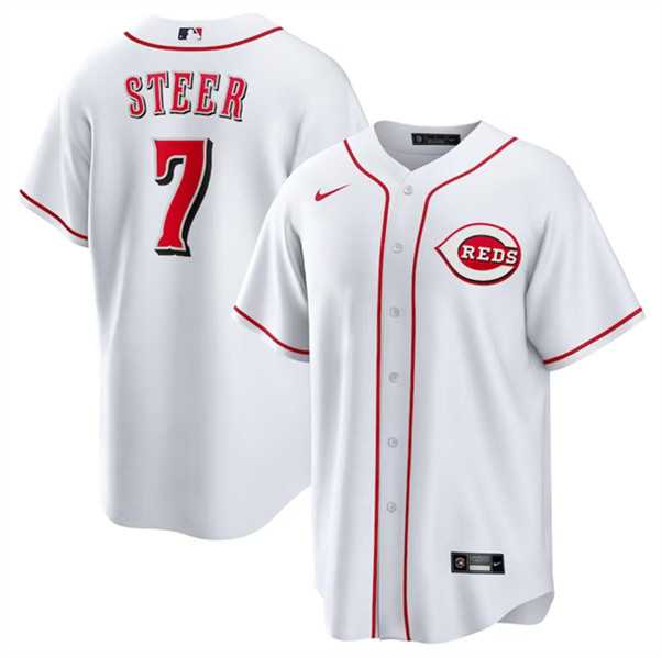 Men%27s Cincinnati Reds #7 Spencer Steer White Cool Base Stitched Baseball Jersey Dzhi